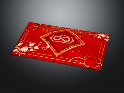 Red Decorative Ornament Set with Golden Infinity Symbol White Plum Blossoms and Cloud Patterns 3d model