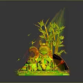 Red Character And White Haired Figure With Plants Butterflies And Umbrella Like Structure