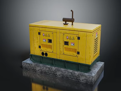 Yellow Industrial Generator With Concrete Base Control Panel And Exhaust Pipe 3d model