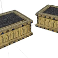 Ornate Golden Architectural Components With Carved Figures Dark Top Panels And Black Decorative Dots