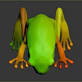 Green Frog Standing With Yellow Eyes And Stretched Limbs On Dark Surface With Reflection