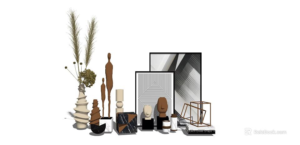 Modern Ornamental Decor Set with Figurines Geometric Wall Art Vase Plants and Sculptures 3d model 