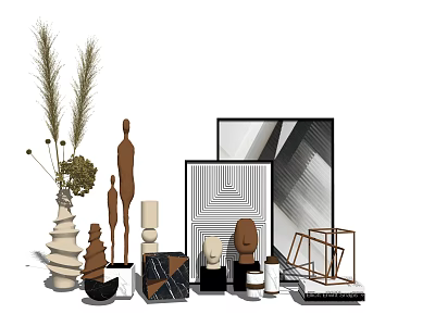 Modern Ornamental Decor Set with Figurines Geometric Wall Art Vase Plants and Sculptures 3d model