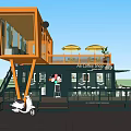 Yellow And Green Container Building Coffee Shop With Staircase Outdoor Umbrellas And Benches