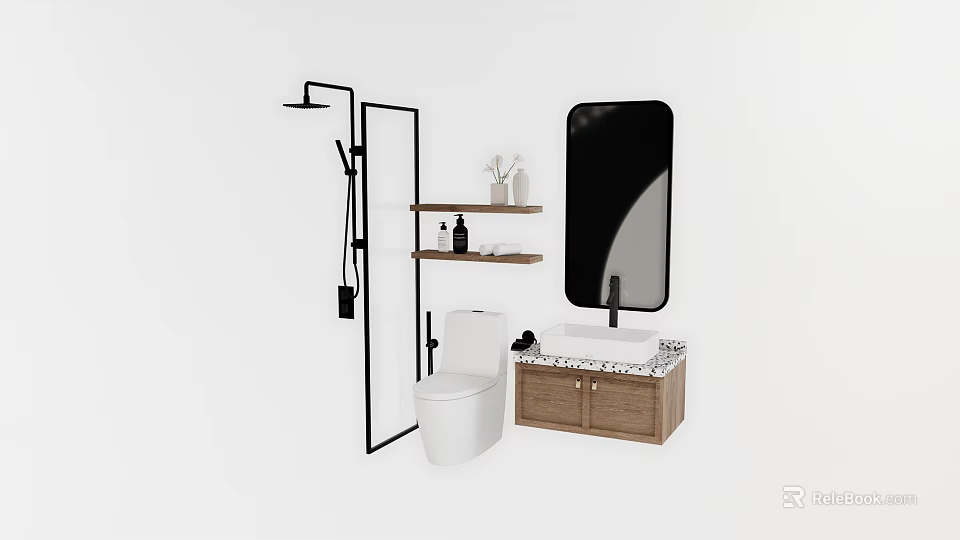 Modern Bathroom Vanity With Marble Countertop Wooden Cabinet Mirror Toilet And Shower 3d model 