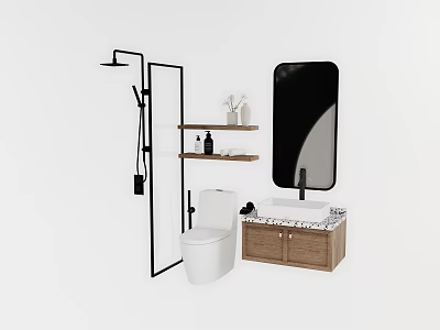 Modern Bathroom Vanity With Marble Countertop Wooden Cabinet Mirror Toilet And Shower 3d model