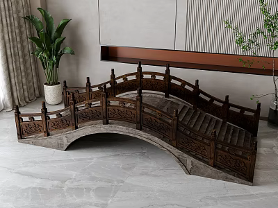 Elegant Wooden Arch Bridge With Carved Railings In Indoor Marble Decor And Green Plants 3d model