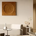 Modern Living Room Interior Design With Beige Sofa Round Brown Wall Art And Wooden Flooring