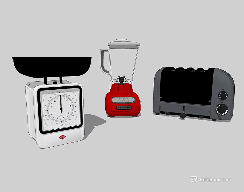 Essential Kitchen Appliances Including White Scale Red Blender And Gray Toaster 3d model 