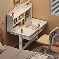 Modern Minimalist Bedroom White Desk And Grey Chair Set With Books Notebook Clock Decorative Items