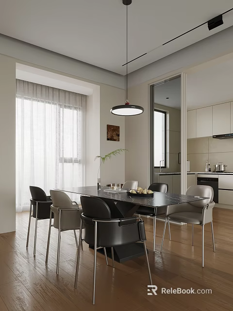 Modern Interior Design With Dining Table Chairs Pendant Light And Window Curtains 3d model
