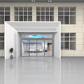 Modern Exhibition Hall Entrance With White Structure Glass Doors Blue Circular Decoration And Green Plant