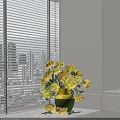 Yellow Chrysanthemums In Green And Yellow Vase By White Window With Blinds