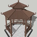 Ornate Traditional Chinese Pavilion With Curved Eaves Carved Roof And Benches