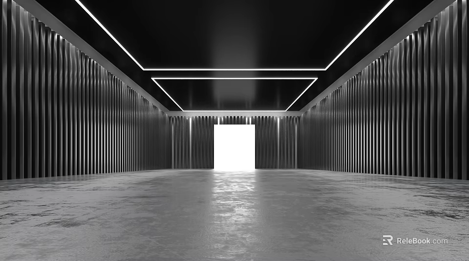 Modern Empty Space With Black Ceiling White Lines Vertical Striped Walls And Bright White Doorway 3d model 