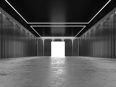 Modern Empty Space With Black Ceiling White Lines Vertical Striped Walls And Bright White Doorway 3d model