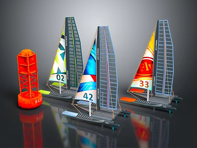 Three 3D Model Sailboats With Numbers And Colors On Sails Near Orange Tower 3d model