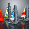 Three 3D Model Sailboats With Numbers And Colors On Sails Near Orange Tower