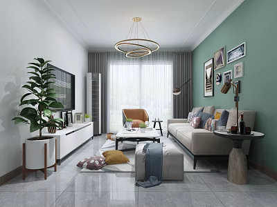 Modern Living Room Interior Design With Green Wall Chandelier Sofa Artwork And Indoor Plant 3d model