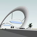 Modern Urban Gate Arch Structure Over Road With Vehicles And Trees