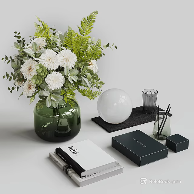 Decorative Ornament Set With Green Vase White Flowers Sphere Glass Cup And Black Boxes 3d model 