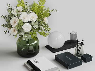 Decorative Ornament Set With Green Vase White Flowers Sphere Glass Cup And Black Boxes 3d model