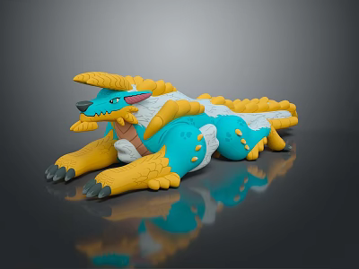 Blue and Yellow Dragon Sculpture with Detailed Carving and Mythical Design Features 3d model