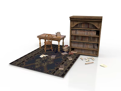 Architectural Interior Featuring Wooden Table Chair Bookshelf And Scattered Papers On Rug 3d model