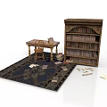 Architectural Interior Featuring Wooden Table Chair Bookshelf And Scattered Papers On Rug