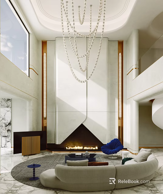 Modern Duplex Living Room Interior With High Ceiling And Crystal Chandelier 3d model 