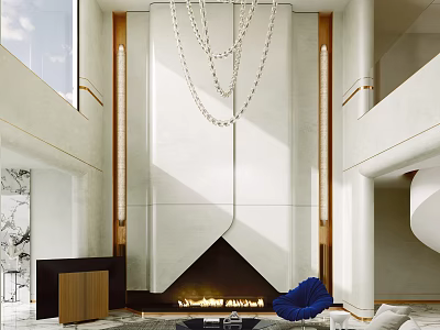 Modern Duplex Living Room Interior With High Ceiling And Crystal Chandelier 3d model
