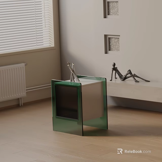 Modern Green Glass Side Table in Minimalist Interior With Metal Sculptures and Blinds 3d model 