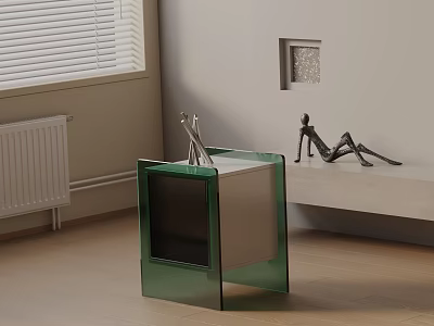 Modern Green Glass Side Table in Minimalist Interior With Metal Sculptures and Blinds 3d model