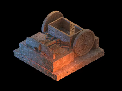 Ancient Stone Carriage Model With Large Wheels On Detailed Stone Base 3d model