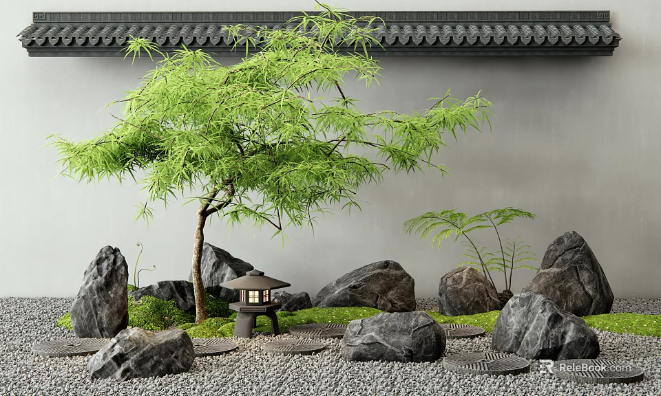 Traditional Japanese Zen Garden With Bamboo Tree Stone Lantern And Mossy Rocks 3d model 