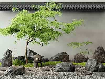 Traditional Japanese Zen Garden With Bamboo Tree Stone Lantern And Mossy Rocks 3d model