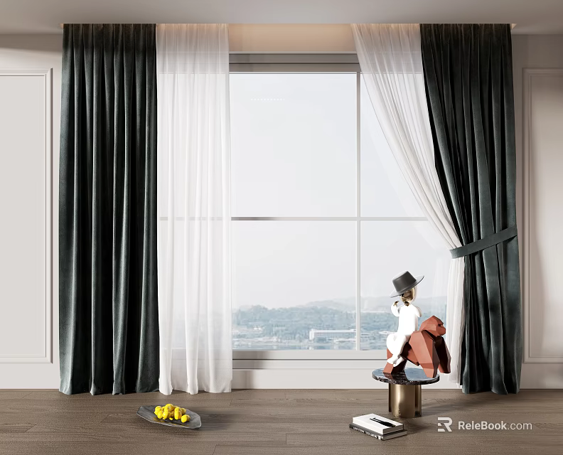 Dark Green Velvet Curtains With White Sheer Panels For Large Window View 3d model 