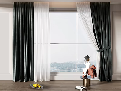 Dark Green Velvet Curtains With White Sheer Panels For Large Window View 3d model