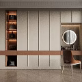 Modern Elegant Wardrobe Design With Dressing Table Round Mirror Built-in Lighting And Open Storage Compartments 3d model