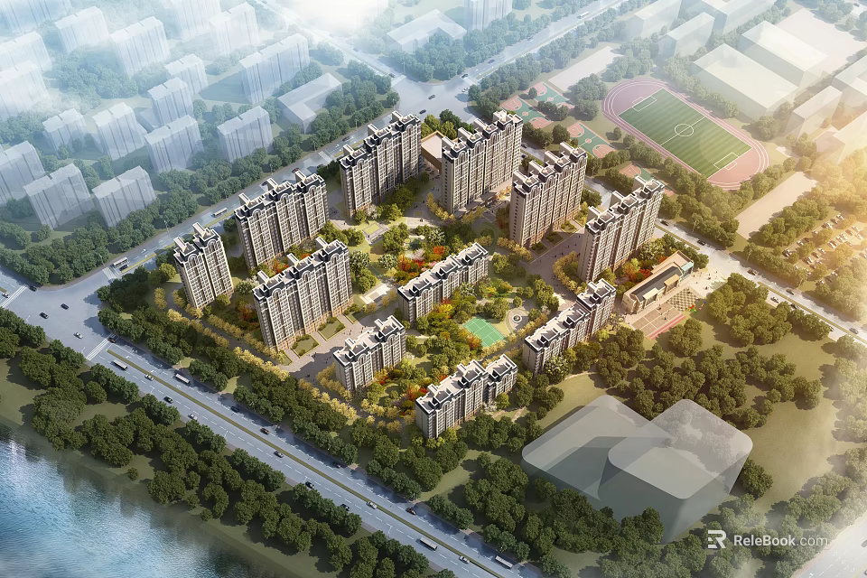 Aerial Planning of Modern Residential Complex With High Rise Buildings Central Green Spaces and Roads 3d model 