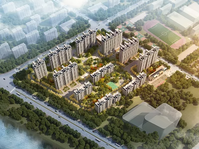 Aerial Planning of Modern Residential Complex With High Rise Buildings Central Green Spaces and Roads 3d model