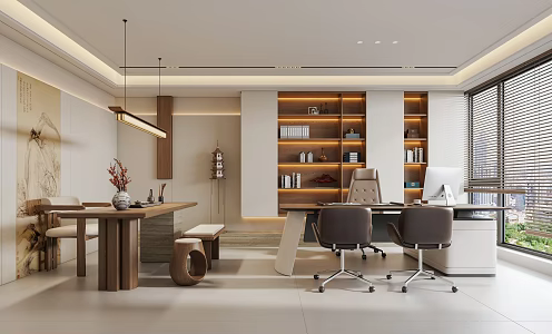 Zen New Chinese Style Manager Office Chairman Office Desk and Chair Bookcase Bookshelf Tea Table Tea Table and Chair Combination Song Chandelier Song Dynasty Aesthetic Background Wall 3d model