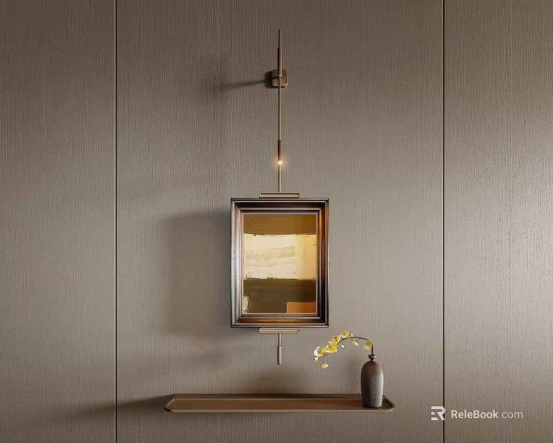 Abstract Painting On Wooden Wall With Metal Frame Shelf Below Holding Vase And Yellow Flowers 3d model 