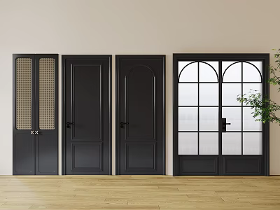 Black Hinged Doors With Various Designs Glass Panels And Interior Wooden Floor 3d model