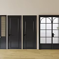Black Hinged Doors With Various Designs Glass Panels And Interior Wooden Floor