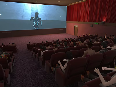 Cinema Interior With Large Screen Red Seats And Audience Watching Movie 3d model