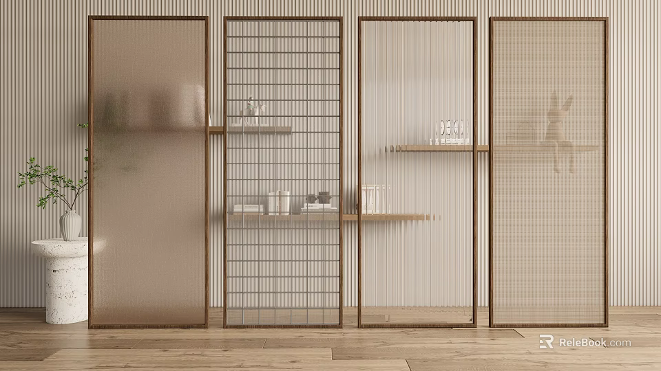 Modern Room Dividers With Metal Frames Grid Design Translucent Panels And Decorative Shelves 3d model 