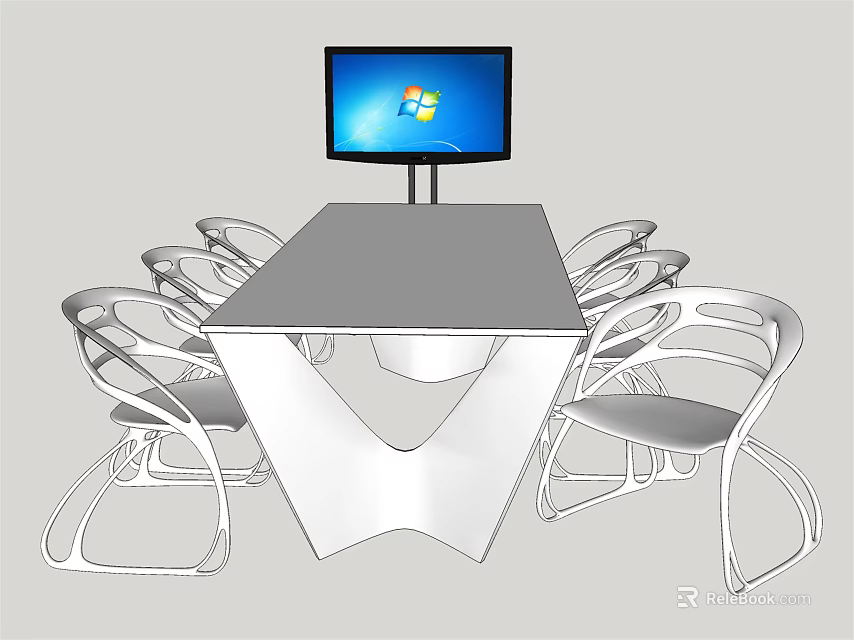Modern Conference Table With Unique White Legs Surrounding Chairs And Monitor 3d model 