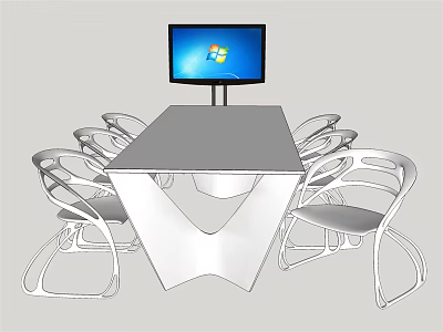 Modern Conference Table With Unique White Legs Surrounding Chairs And Monitor 3d model