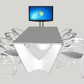 Modern Conference Table With Unique White Legs Surrounding Chairs And Monitor